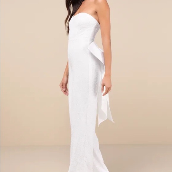 Lulus Mesmerizing Glow White Sequin Removable Bow Wide-leg Jumpsuit - Size XS - Picture 4 of 4